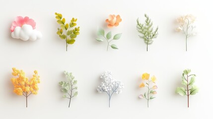 Wall Mural - 64.A 3D render collection of small plants and cloud icons, each element modeled with smooth curves and soft textures. The set includes delicate flowers and leafy branches, all isolated on a plain