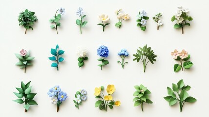 Wall Mural - 64.A 3D render collection of small plants and cloud icons, each element modeled with smooth curves and soft textures. The set includes delicate flowers and leafy branches, all isolated on a plain