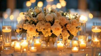 Wall Mural - Elegant Centerpiece of White Roses and Soft Flowers Surrounded by Ambient Candlelight at a Romantic Event, Creating a Magical and Dreamy Atmosphere for Celebrations