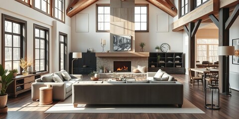 A cozy modern farmhouse style living room with a neutral color palette, exposed beams, large windows, and a mix of rustic and contemporary furniture, open floor plan, color palette