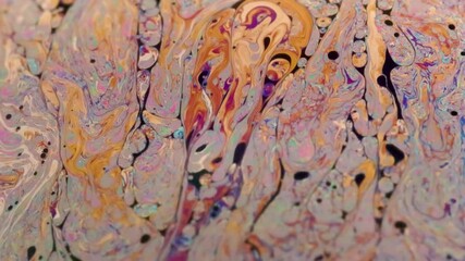 Wall Mural - Closeup video of a soap bubble showing thin film interference concept and the resulting different colors of light with each moving and swirling shapes. Perfect for illustrating concepts of physics.