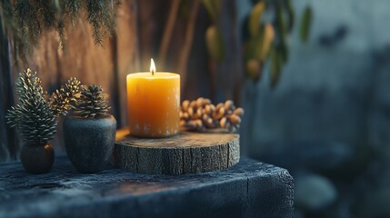 Poster - Burning candle creating cozy atmosphere with pine cones and spruce twigs