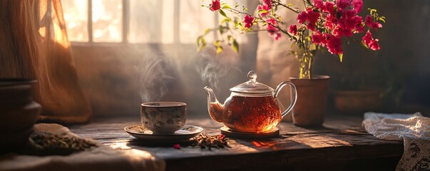 Wall Mural - Steaming teapot and cup by window with flowers at sunrise