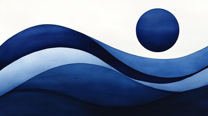 Poster - Abstract watercolor painting of blue waves and circle.