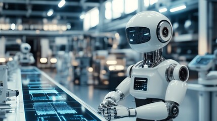 Poster - Smart modern robot working with digital display in innovative factory