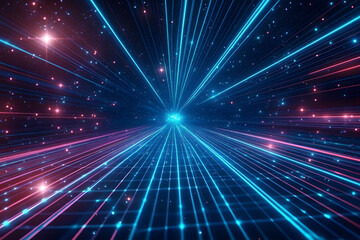 Wall Mural - retro 80s video game background with grid of blue light streaking in space