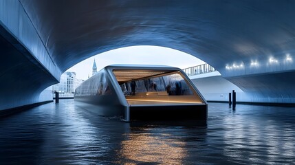 Wall Mural - A sleek, modern boat navigating through an urban waterway under a futuristic archway.