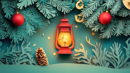 Wall Mural - merry christmas, postcard in paper cut style with gift, antique lamp, christmas tree branch, cone, c