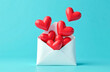 © Anastasia Lugovik - White envelope with red hearts on a blue background. Concept of love and affection. Сard for St. Valentine's Day with space for text