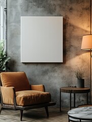 Wall Mural - Modern living room with stretched canvas mockup on wall and cozy seating arrangement