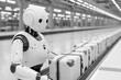 © Pixelbiz - Conveyor belt airport automation system. A robotic figure interacts with luggage on a conveyor belt in a futuristic, industrial setting, emphasizing automation and technology.