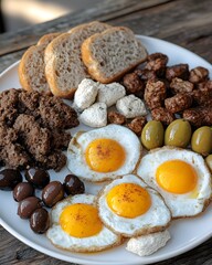 Wall Mural - A plate of fried eggs, bread, olives, cheese, and meat.