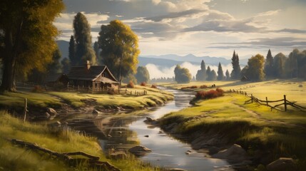 Poster - Serene Slavic Landscape with a Tranquil Stream and Rustic Cabin Amidst Lush Greenery and Majestic Mountains Under A Soft Evening Light