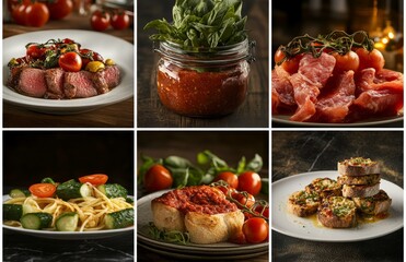 Wall Mural - Collage of delicious tomato-based dishes steak, pasta, bruschetta, sauce, and sun-dried tomatoes.