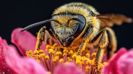 Poster - Close-up of a bee collecting pollen from a vibrant flower.