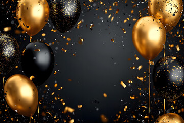 Wall Mural - Festive background with black and gold balloons with falling confetti, perfect for a party invitation or greeting card