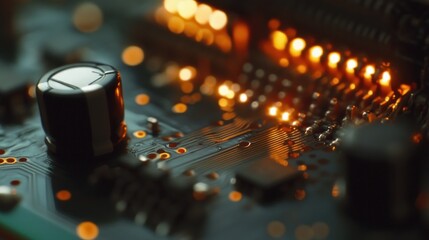 Aufkleber - Close-up of a circuit board with glowing components and intricate pathways.