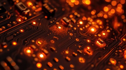 Leinwandbilder - Close-up of a circuit board with glowing orange lights, showcasing technology and design.
