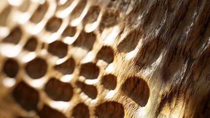 Aufkleber - Close-up of a textured wooden surface with rounded indentations.