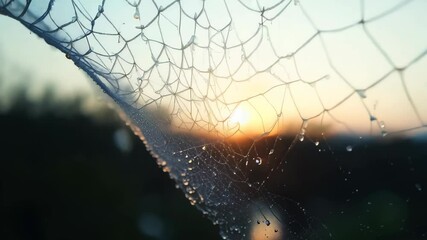 Fototapete - beautiful sunset captured through a net adorned with glistening droplets