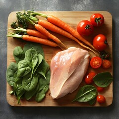 Wall Mural - Chicken breast, carrots, spinach, tomatoes on wooden board.