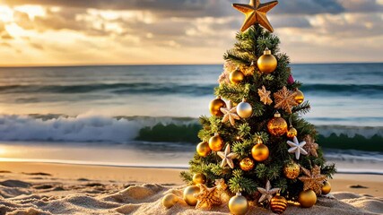 festive christmas tree on sandy beach at sunset with ocean waves
