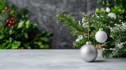 Wall Mural - Silver and white Christmas ornaments on snowy fir branch.