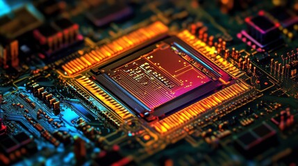 Aufkleber - Close-up view of a vibrant microchip on a circuit board, showcasing technology and design.