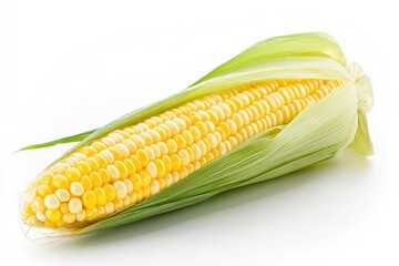 A bright yellow ear of corn with green husks peeled halfway, isolated on white