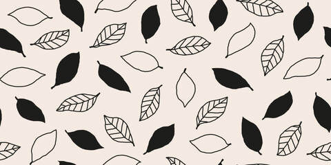 Hand drawn leaves fall abstract seamless pattern background.