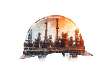 Wall Mural - A safety helmet overlaying an industrial landscape symbolizes protection in the workplace.