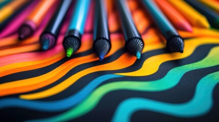 Aufkleber - Colorful drawing tools arranged on a vibrant, wavy background.