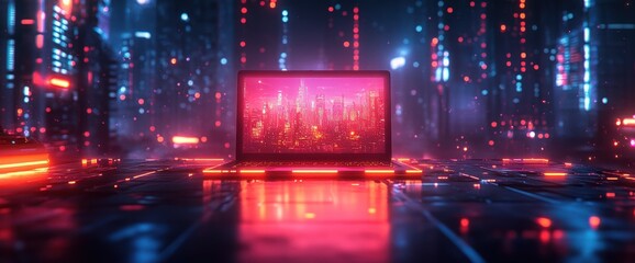 Neon city skyline displayed on laptop screen in futuristic setting.