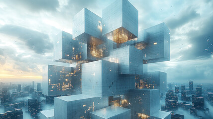 futuristic cityscape with towering, illuminated cube structures.