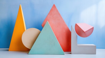 Aufkleber - Colorful geometric shapes arranged artistically against a soft blue background.