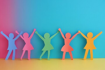 Wall Mural - Happy Girls Teamwork Paper Figures