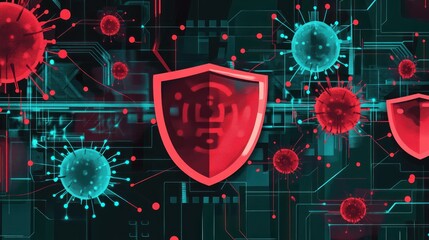 Aufkleber - Digital security concept featuring shields and virus imagery in a tech-inspired design.