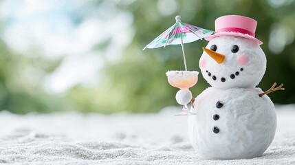 Wall Mural - Snowman enjoying a cocktail on a beach.