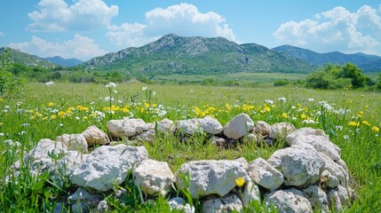 Sticker - Sunny meadow with wildflowers and stone circle, mountains in background.