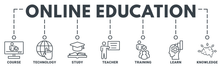 online education banner web icon vector illustration concept with icon of course, technology, study,