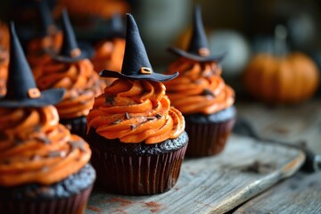 Seasonal Celebration: Vivid Halloween Cupcakes with Witch Hat Frosting