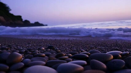 Fototapete - Experience the tranquility of sunset waves gently lapping on a rocky beach at dusk