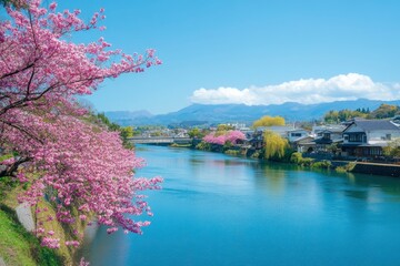 Sticker - Beautiful and cute Kawazu Zakura Sakura cherry blossoms against blue sky, Kawazu River, Shizuoka, Japan. Wallpaper background 