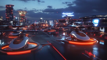 Aufkleber - Futuristic cityscape featuring flying vehicles and illuminated buildings at dusk.