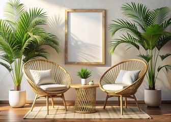 Canvas Print - Rattan Chairs, Palm Plants, and Coastal Relaxation: A Close-Up