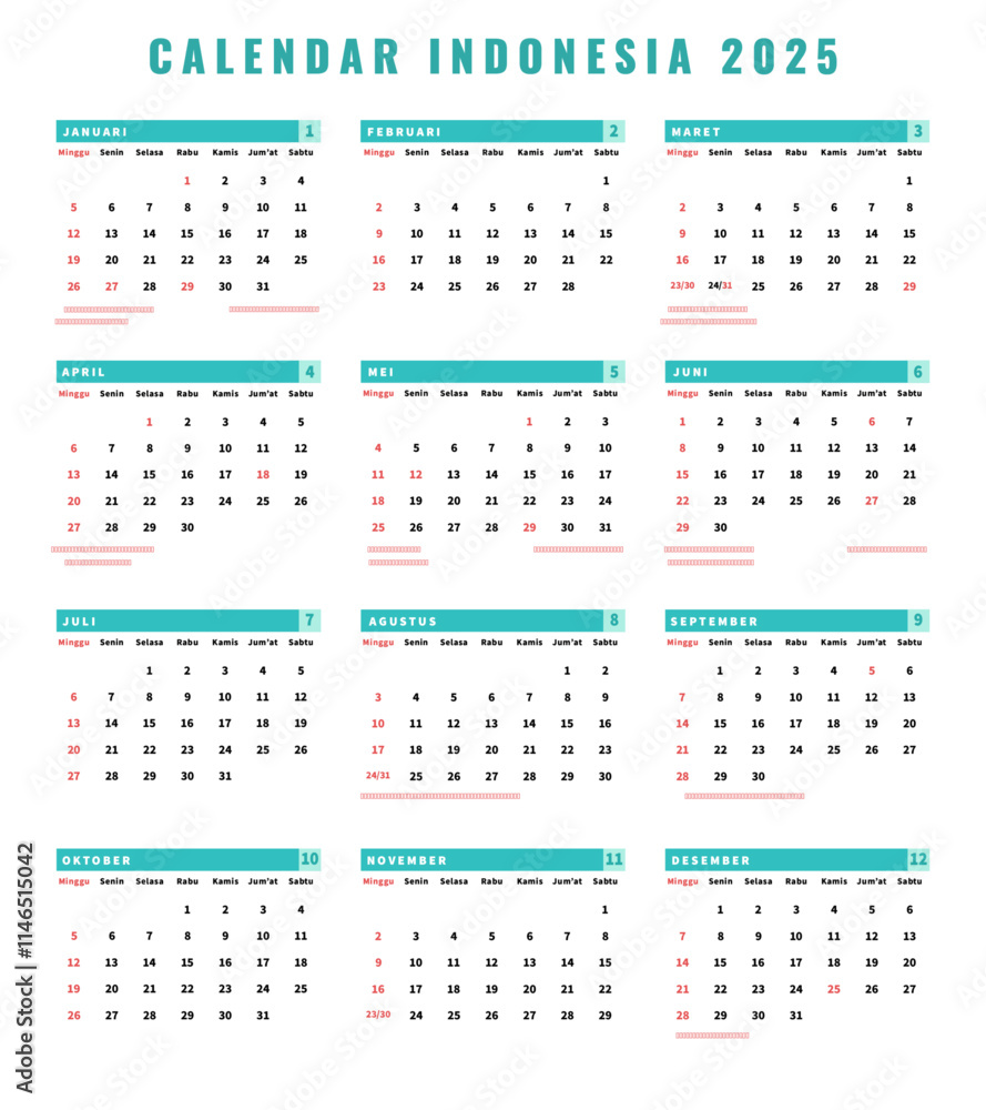 Indonesian Calendar 2025 week start Sunday design template vector