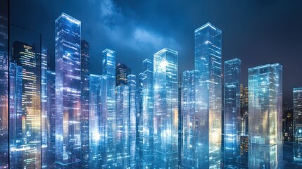 Aufkleber - Futuristic cityscape with translucent skyscrapers illuminated at night.