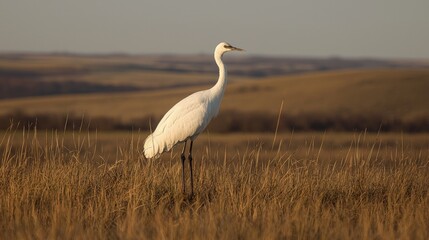 Sticker - White crane standing in tall grass at sunset.