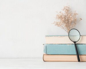Poster - Vintage Study Aesthetic Old Books, Magnifying Glass, and Dried Flowers Against Minimalist Background