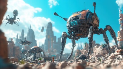 Aufkleber - Futuristic landscape with robotic creatures exploring a desolate terrain.